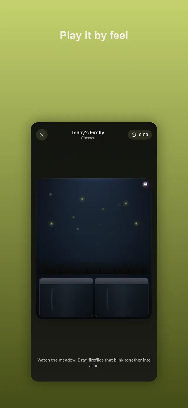 Today's Daily Firefly, Glimmer: glowing fireflies scattered over a dark meadow above two empty jars