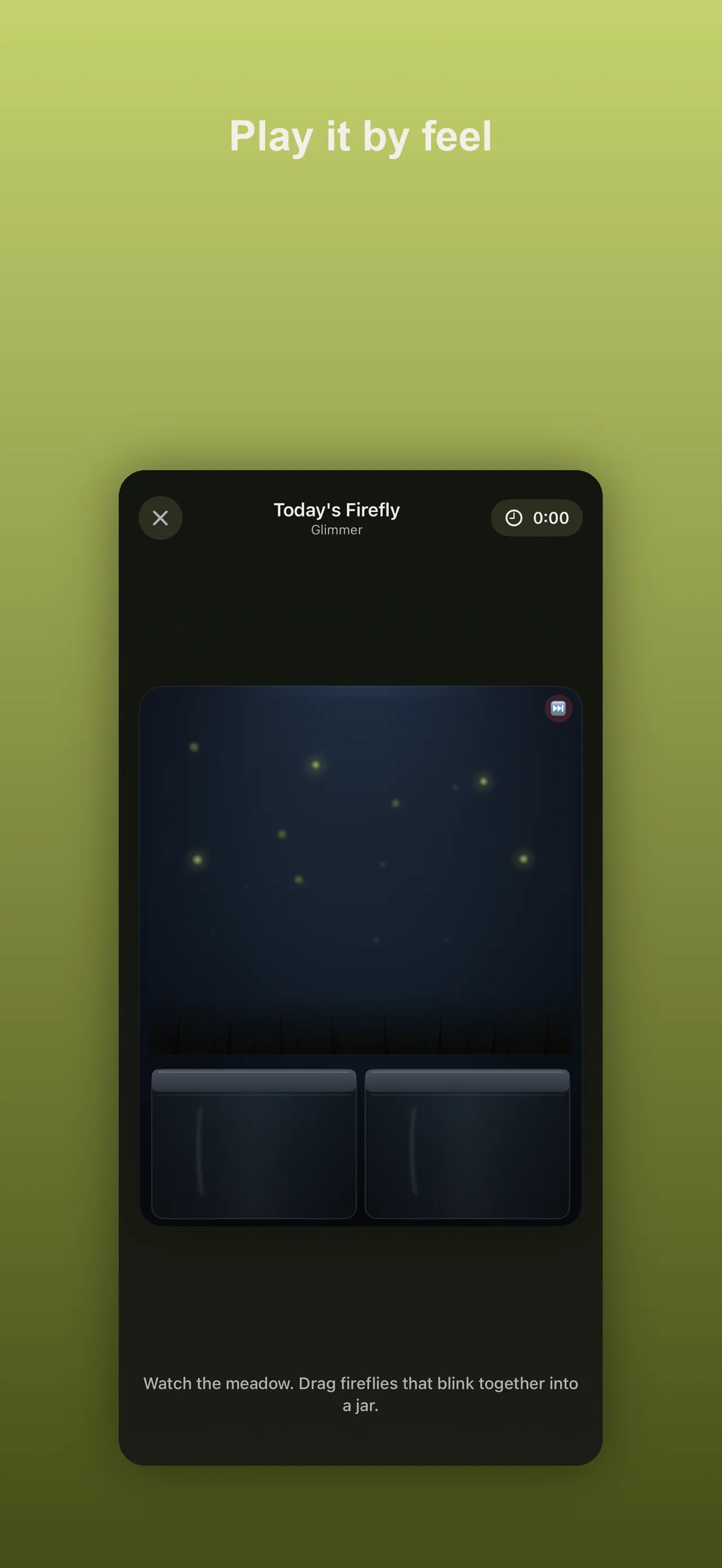 Today's Daily Firefly, Glimmer: glowing fireflies scattered over a dark meadow above two empty jars