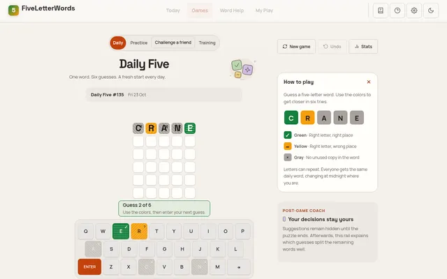 Daily Five #135 on Fri 23 Oct being played: CRANE on the first row with R yellow and E green, five empty rows, the coloured keyboard and the how-to-play panel beside it