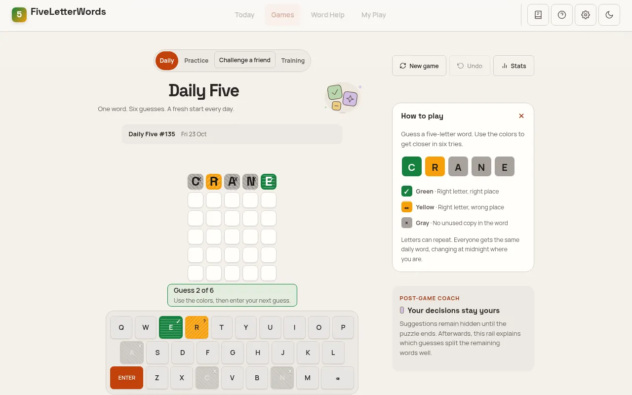 Daily Five #135 on Fri 23 Oct being played: CRANE on the first row with R yellow and E green, five empty rows, the coloured keyboard and the how-to-play panel beside it