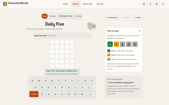 The Daily Five board for puzzle #129 on 17 October: an empty six-row grid of five tiles, the on-screen keyboard and the how-to-play panel with the green, yellow and gray tile key