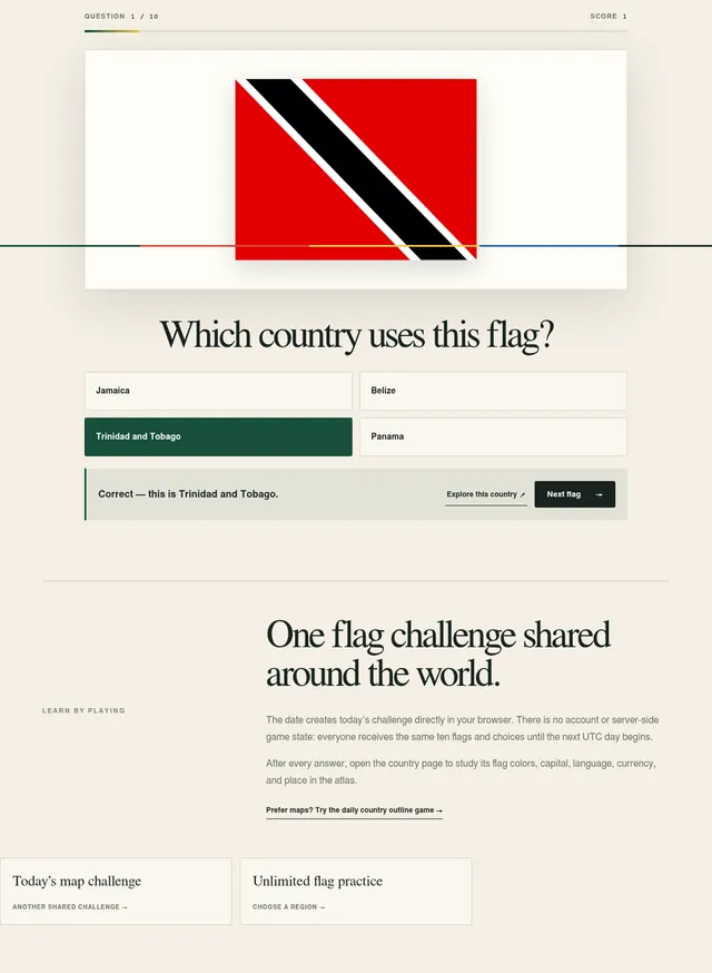 Today's Daily Flag Quiz board: the flag of Trinidad and Tobago, four country choices, the right answer marked and a Next flag button