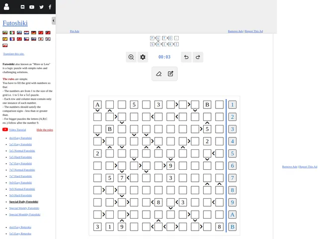 The Special Daily Futoshiki on puzzle-futoshiki.com: an 11x11 grid with greater-than and less-than signs, some given numbers and the letters A and B, next to the rules