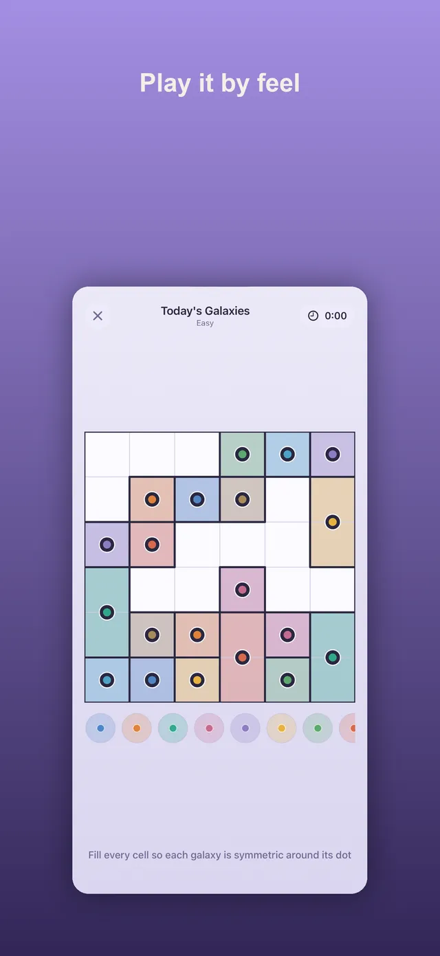 A Daily Galaxies board in play: a grid of coloured symmetric regions around dots, with a row of galaxy colours below