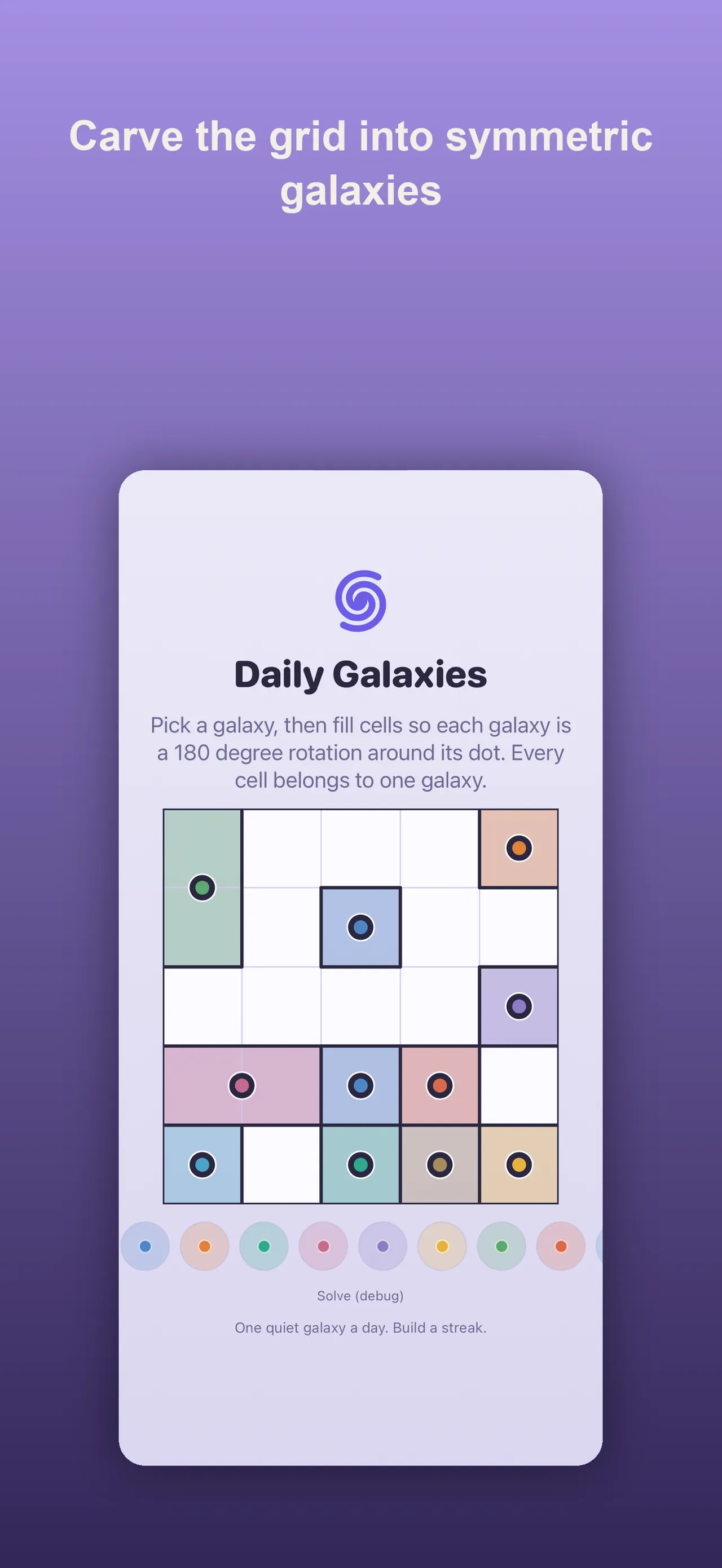 Daily Galaxies' tutorial: a small grid with coloured galaxies and the rule that each is a half-turn around its dot