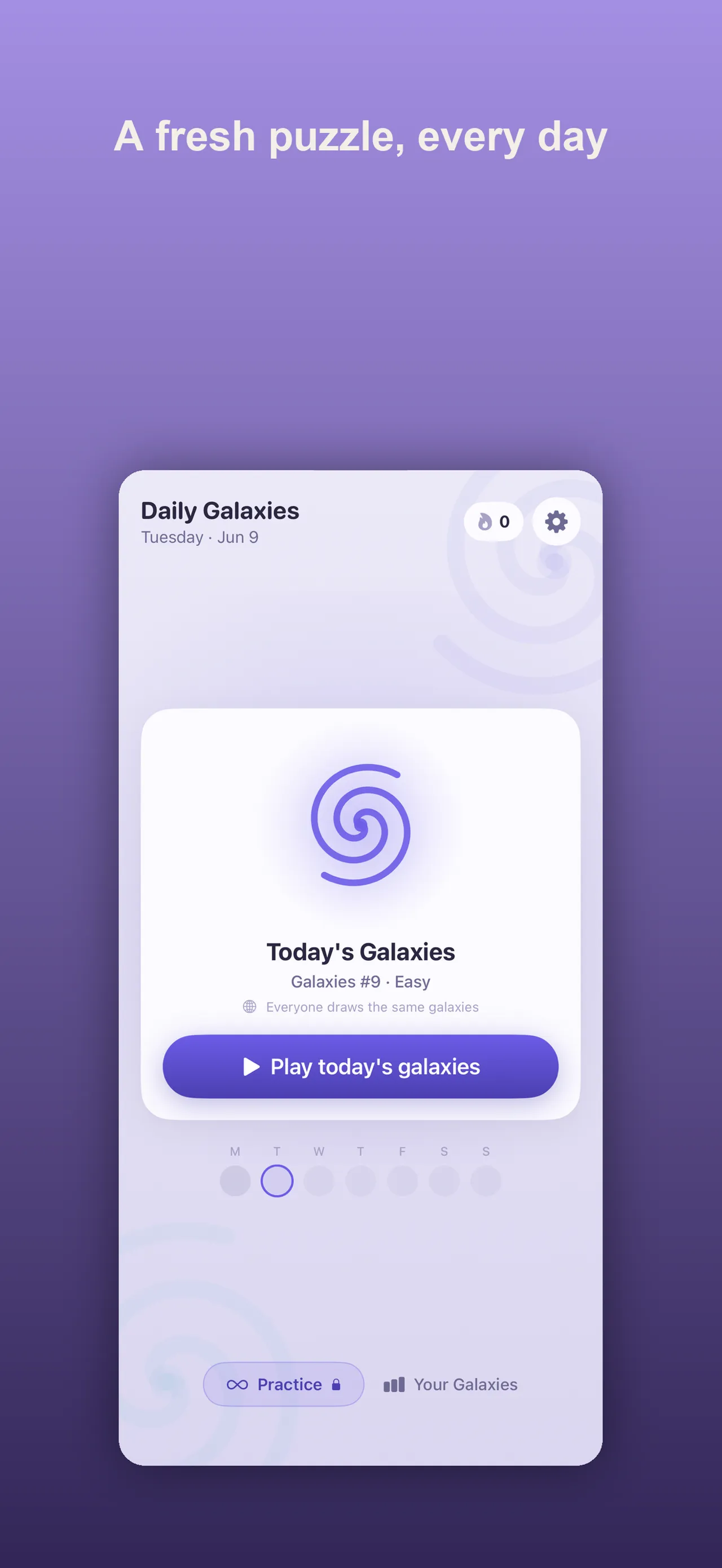 Daily Galaxies' home screen: Today's Galaxies, Galaxies #9, Easy, everyone draws the same galaxies