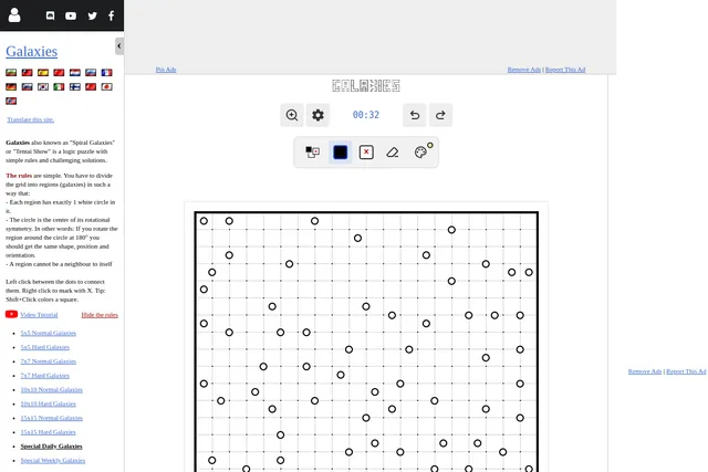 The Special Daily Galaxies on puzzle-galaxies.com: a large dotted grid scattered with white circles, the drawing tools above and the rules in the side panel