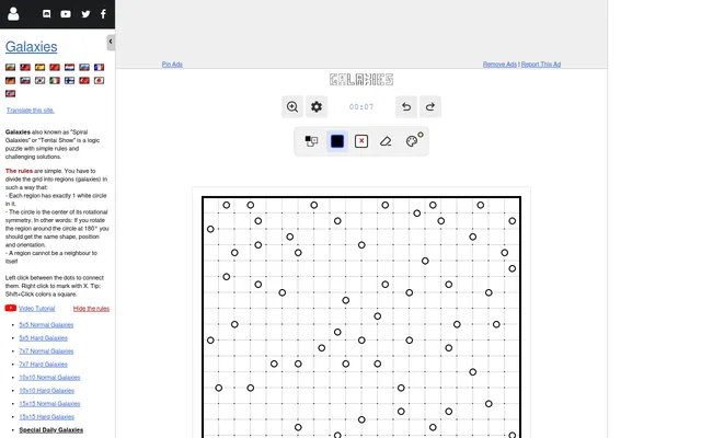 The Special Daily Galaxies for 22 October 2026: an empty 20x20 dotted grid scattered with white circles, under the timer and the wall, X and colour tools