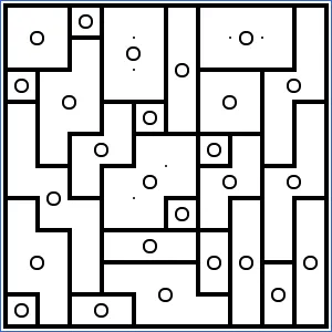 A solved Galaxies grid divided into symmetric regions, each with one white circle