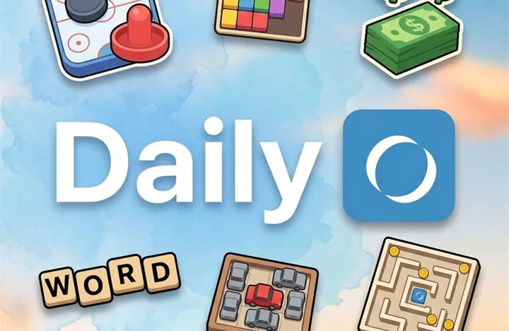 Daily logo surrounded by icons for its games: air hockey, tiles, money, word tiles, a traffic puzzle and a coin maze
