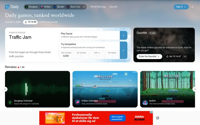 The Daily home page for 5 October 2026: today's puzzle Traffic Jam with Play Casual and Try Competitive, the Gauntlet, and a row of remakes such as Songless Unlimited and Krillion Unlimited