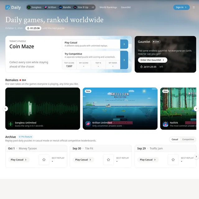 Daily home page showing today's puzzle Coin Maze with casual and competitive options, a countdown and the archive