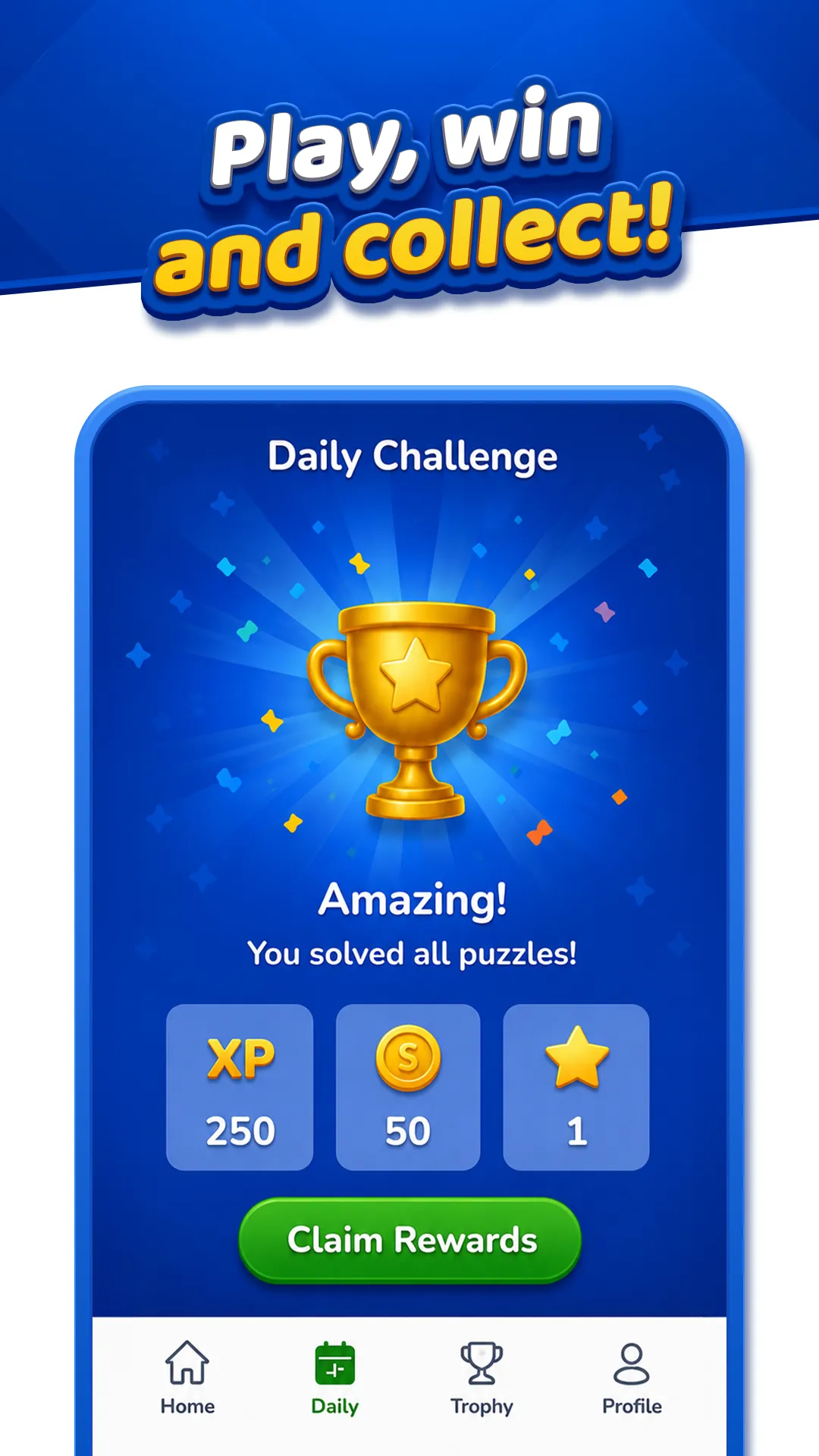 Daily Games Daily Challenge completed, with XP, coins and a star to claim