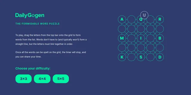 The Daily Gogen start page: a 5x5 grid of linked circles with some letters filled in, beside the rules and the 3x3, 4x4 and 5x5 difficulty buttons