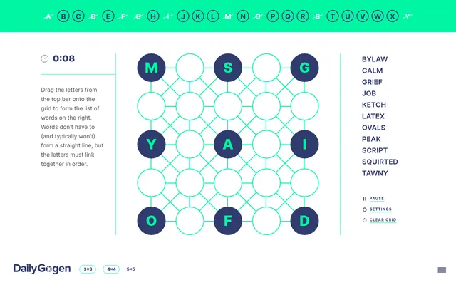 Daily Gogen 5x5 puzzle in play: a linked grid with nine letters given (M, S, G, Y, A, I, O, F, D), the remaining letters in a bar above, and the words to fit listed on the right, from BYLAW and CALM t