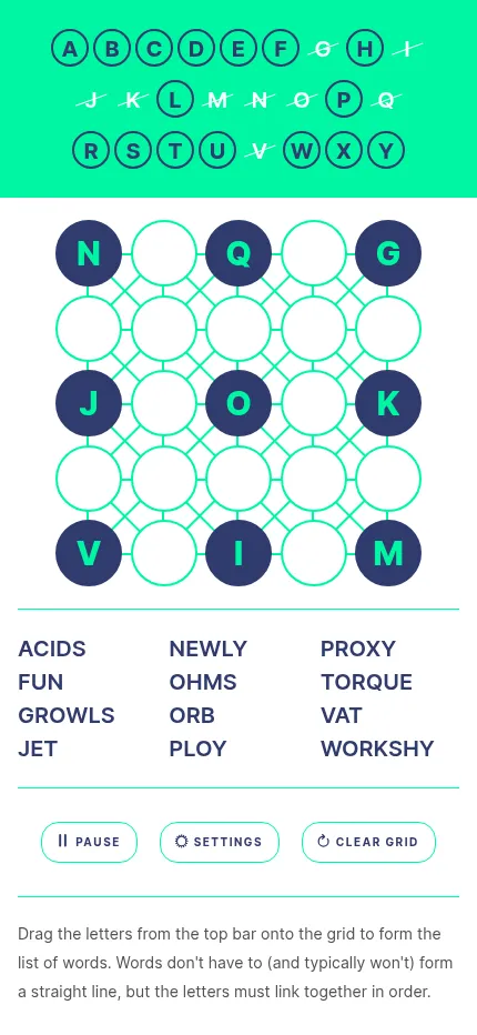Daily Gogen on a phone: the same 5x5 grid with the letter bar above it and the word list in three columns below