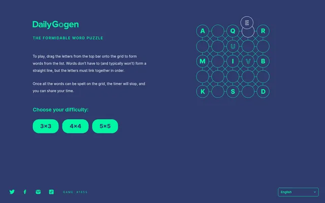 Daily Gogen game #1655 start page: a 5x5 grid of linked circles with some letters filled in, beside the rules and the 3x3, 4x4 and 5x5 difficulty buttons