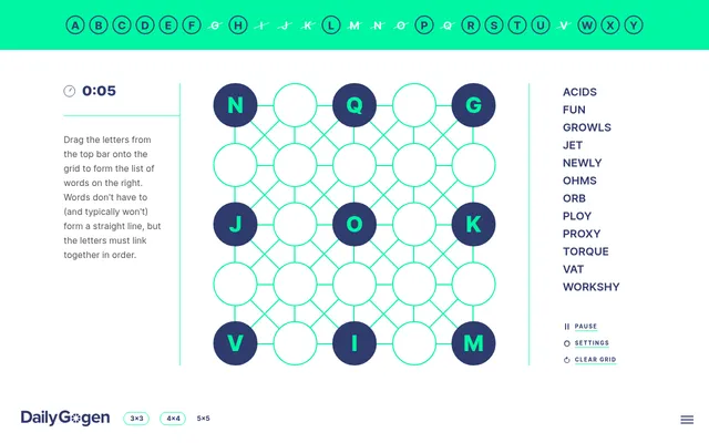 Daily Gogen classic 5x5 grid for 21 October 2026 at the start: nine given letters, the loose letters in the green bar above and the twelve words, ACIDS to WORKSHY, on the right