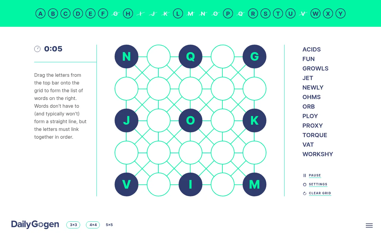 Daily Gogen classic 5x5 grid for 21 October 2026 at the start: nine given letters, the loose letters in the green bar above and the twelve words, ACIDS to WORKSHY, on the right