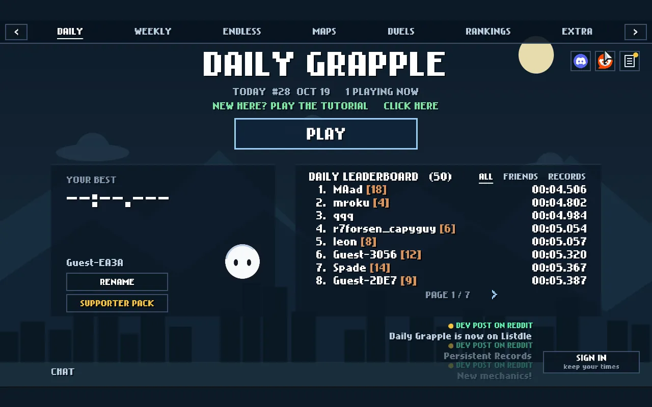 The Daily Grapple daily screen for Daily #28, 19 October: a Play button, the player's best time and a daily leaderboard of 50 runs led by 4.506 seconds