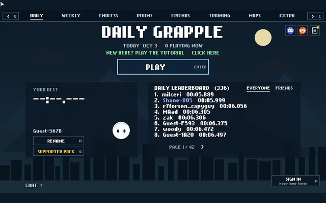 The Daily Grapple daily screen for Oct 3: a Play button, the player's best time and a daily leaderboard of 336 runs with top times under six seconds