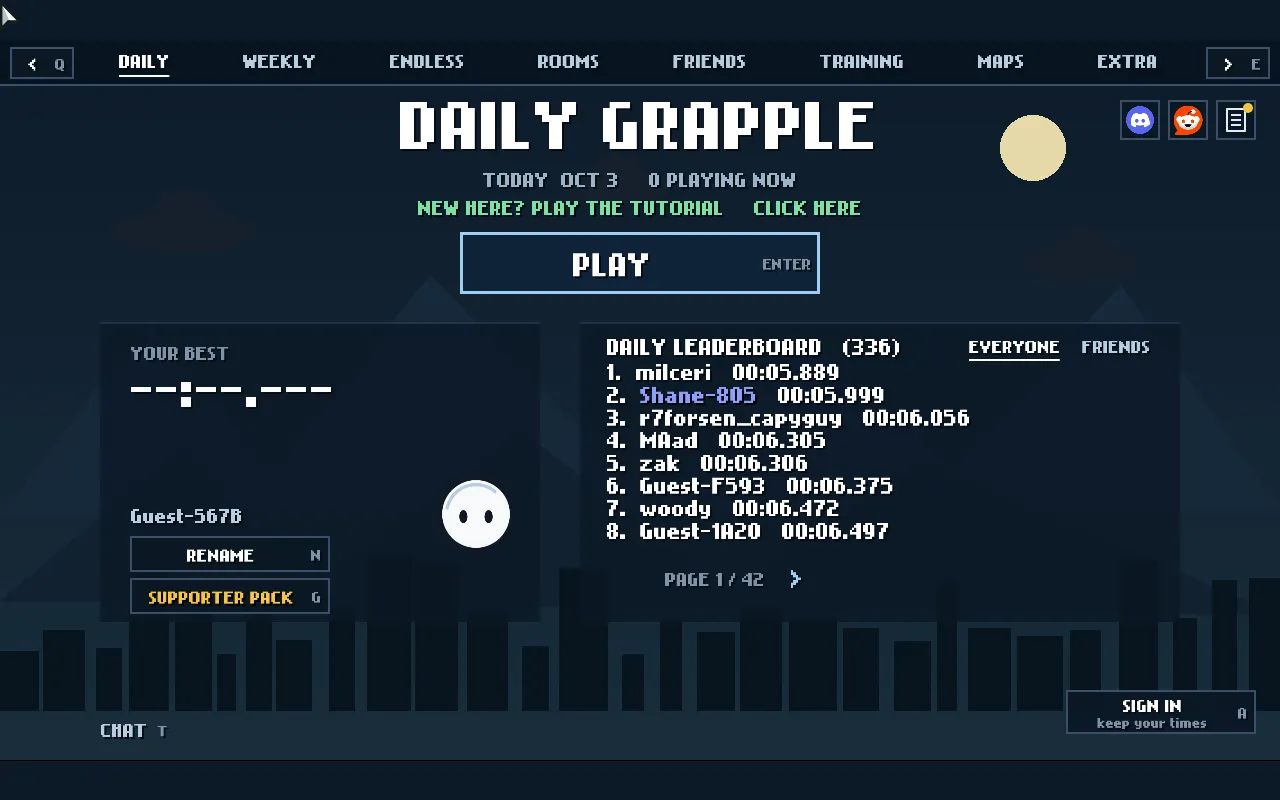 The Daily Grapple daily screen for Oct 3: a Play button, the player's best time and a daily leaderboard of 336 runs with top times under six seconds