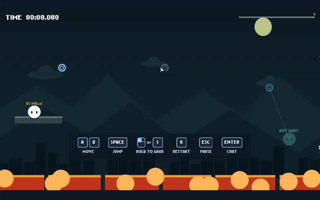 Daily Grapple's course for 19 October 2026 at the start: the round character on a ledge, blue grapple anchors overhead, lava below and the controls bar