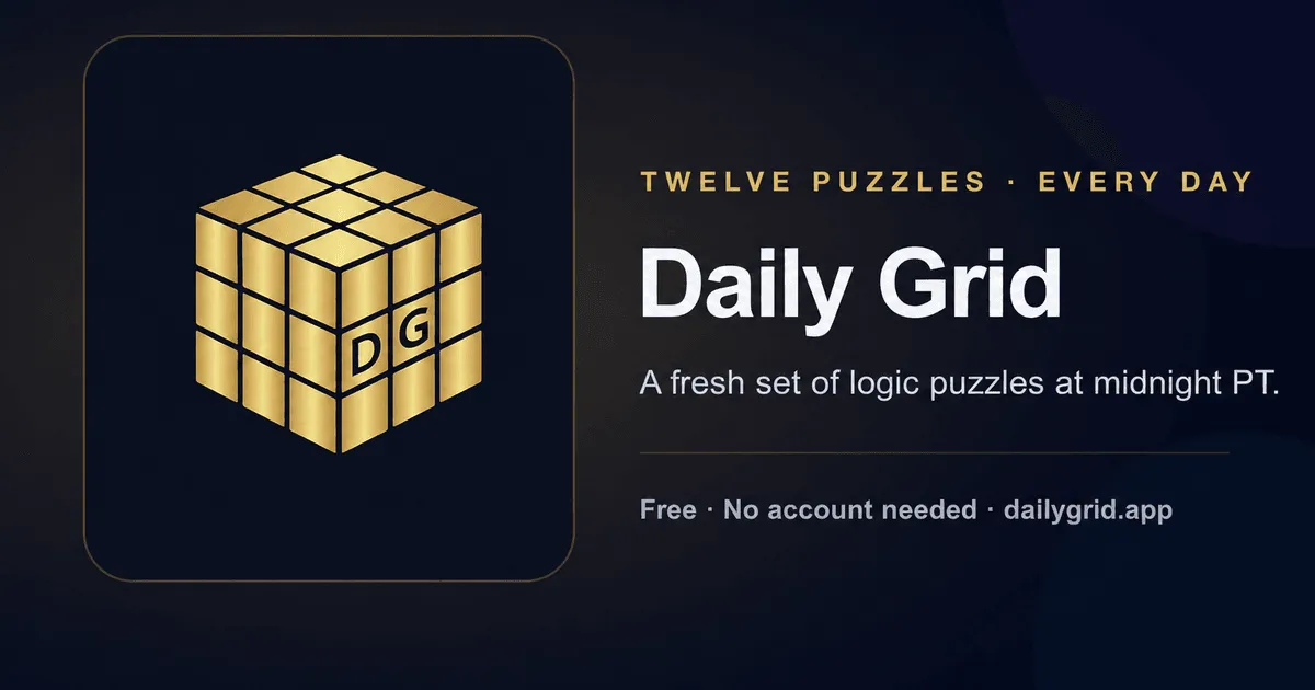 Daily Grid card: a gold cube logo with the letters DG and the line Twelve puzzles, every day