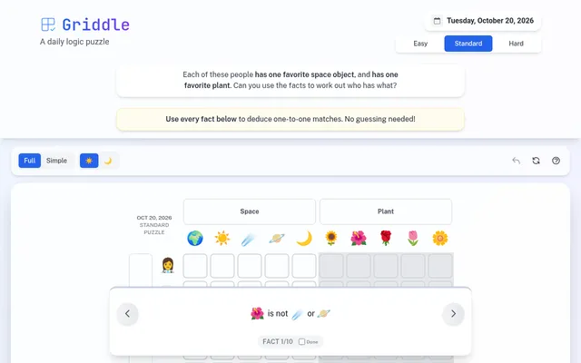 Griddle's Standard puzzle for 20 October 2026: an emoji grid matching people to space objects and plants, with the first fact card below the board