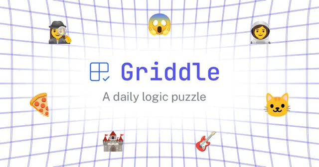 Griddle logo, A daily logic puzzle, on a grid with emoji of a detective, astronaut, cat, pizza, castle and guitar