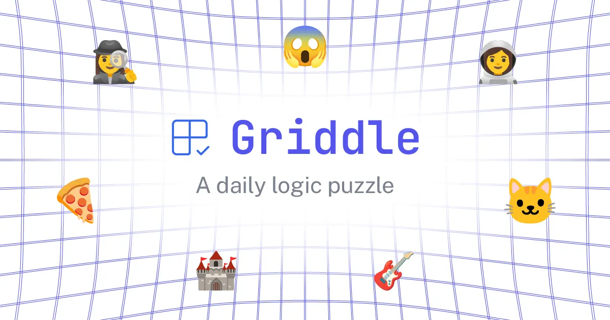 Griddle logo, A daily logic puzzle, on a grid with emoji of a detective, astronaut, cat, pizza, castle and guitar