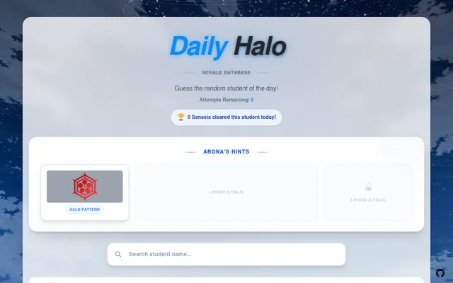 Daily Halo after one guess: 9 attempts left, and Arona's Hints showing the halo pattern with the weapon and gear hints still locked