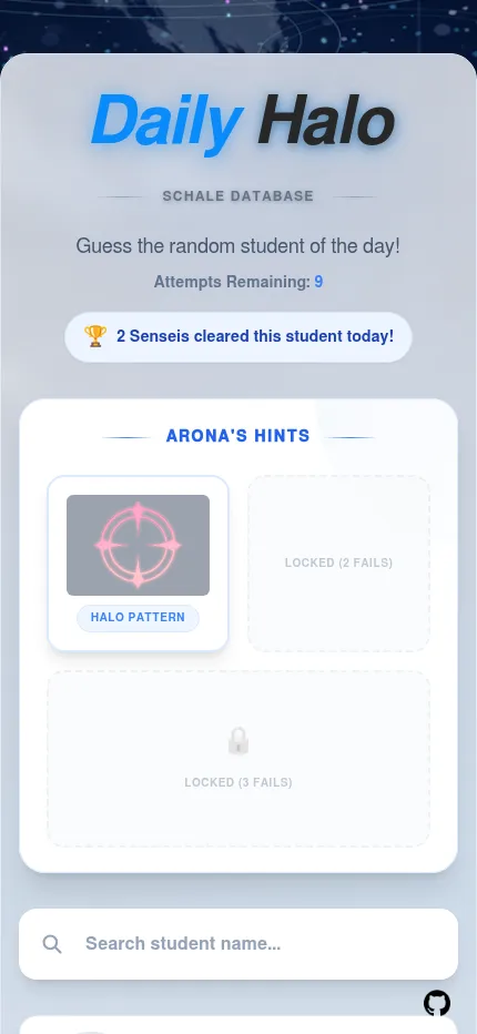 Daily Halo at phone size after one miss: 9 attempts left and Arona's Hints showing today's halo pattern, with the weapon and gear hints still locked