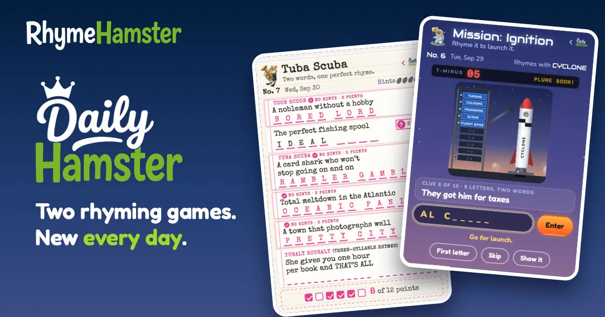 Daily Hamster card showing a Tuba Scuba board of rhyming clue pairs beside a Mission: Ignition rocket countdown board