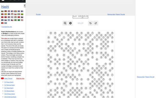 The Special Daily Hashi on puzzle-bridges.com: a large grid of numbered circular islands waiting to be joined by bridges