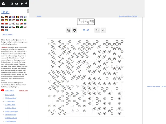 The Special Daily Hashi on puzzle-bridges.com: a large board of numbered circular islands waiting to be joined by bridges, next to the rules