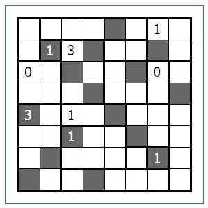 A Heyawake grid divided into rooms with number clues, from puzzle-heyawake.com