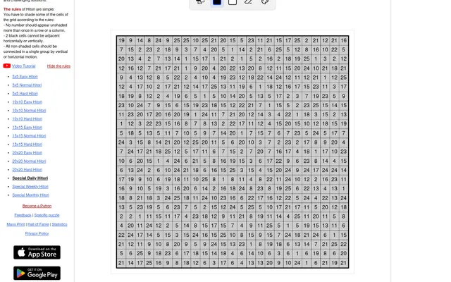 The Special Daily Hitori for 19 October 2026 on puzzle-hitori.com: a 25x25 grid of numbers before any cells are shaded