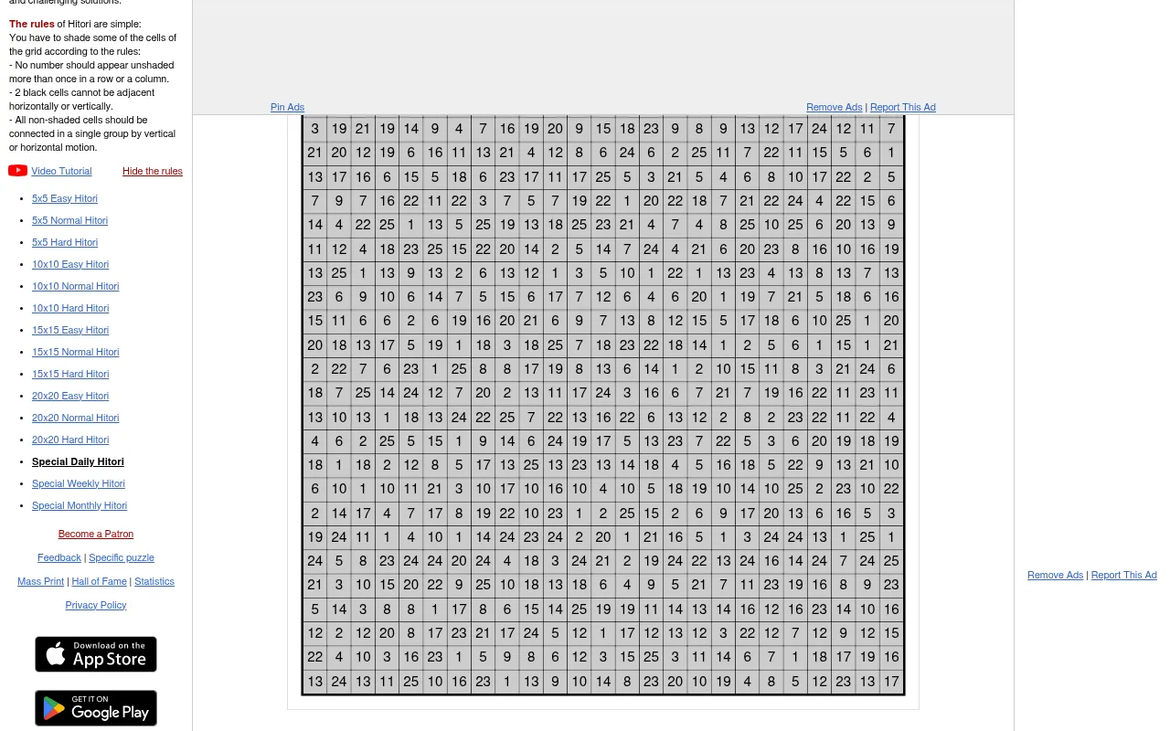 The Special Daily Hitori on puzzle-hitori.com: a 25x25 grid of numbers from 1 to 25, before any cells are shaded