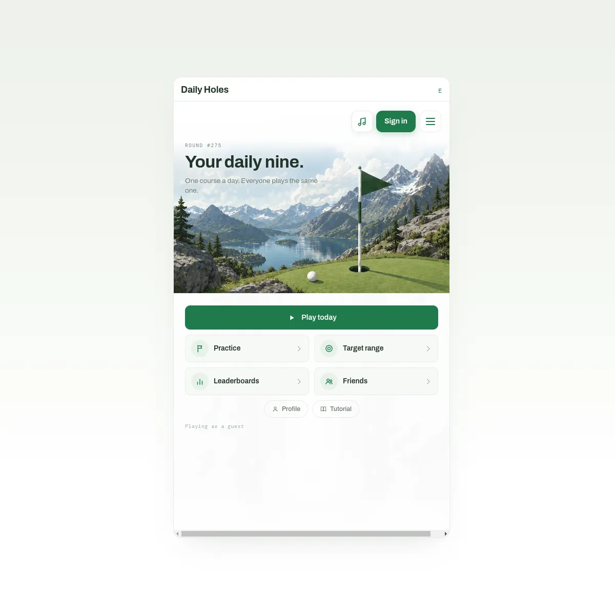 Daily Holes start screen for Round 275 with Play today, Practice, Target range, Leaderboards and Friends buttons