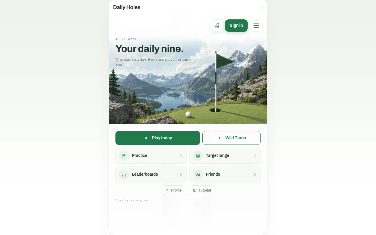 The Daily Holes home screen for Round #276: Your daily nine over a mountain golf hole, with Play today, Wild Three, Practice, Target range and Leaderboards