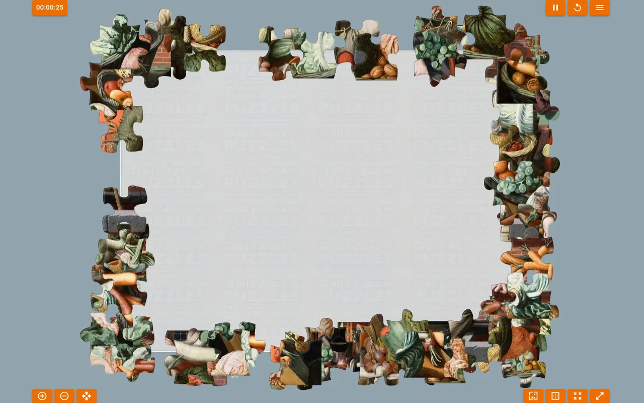 Daily Jigsaw Puzzles board for 18 October 2026: the pieces of Pieter Aertsen's Market Scene scattered around an empty frame, with the timer and controls