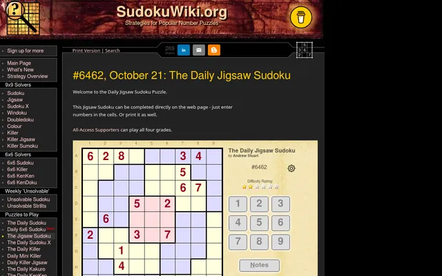 SudokuWiki's Daily Jigsaw Sudoku #6462 for October 21: a 9x9 grid of irregular coloured regions with red givens, a two-star rating, the number pad and Notes button