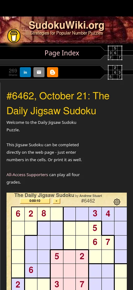 The Daily Jigsaw Sudoku #6462 at phone size: the heading for October 21, the timer and the grid of coloured regions filling the screen width