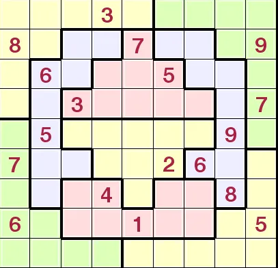 A jigsaw sudoku grid with irregular coloured regions and starting digits in red
