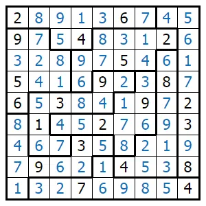 A Jigsaw Sudoku grid with irregular coloured regions, from puzzle-jigsaw-sudoku.com