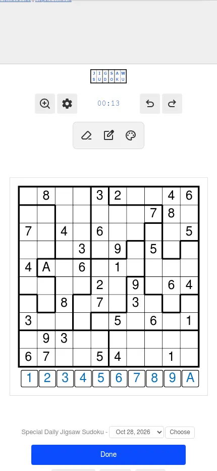 The 28 October 2026 daily jigsaw sudoku at phone size, with the row of number buttons 1 to 9 and A under the grid