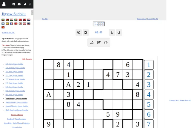 The Special Daily Jigsaw Sudoku on puzzle-jigsaw-sudoku.com: a 10x10 grid with irregular bold-edged regions, given digits and the letter A, and the number pad to the right