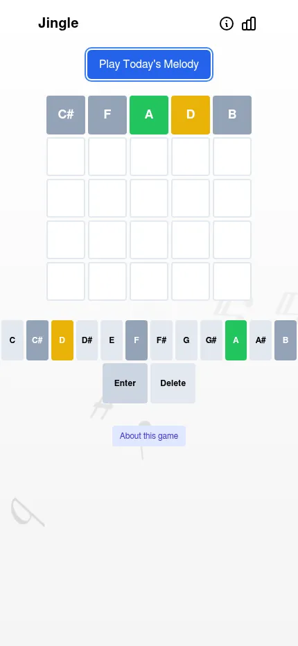 Daily Jingle at phone size after one guess, C# F A D B, with A green and D yellow, the empty rows and the note keyboard below