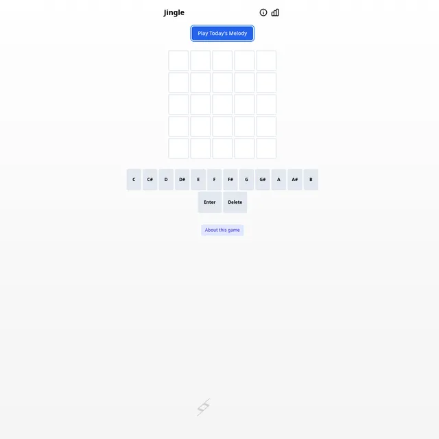 Daily Jingle showing a Play Today's Melody button above a five-by-five grid for guessing a five-note tune, with a chromatic keyboard of notes from C to B and Enter and Delete keys below